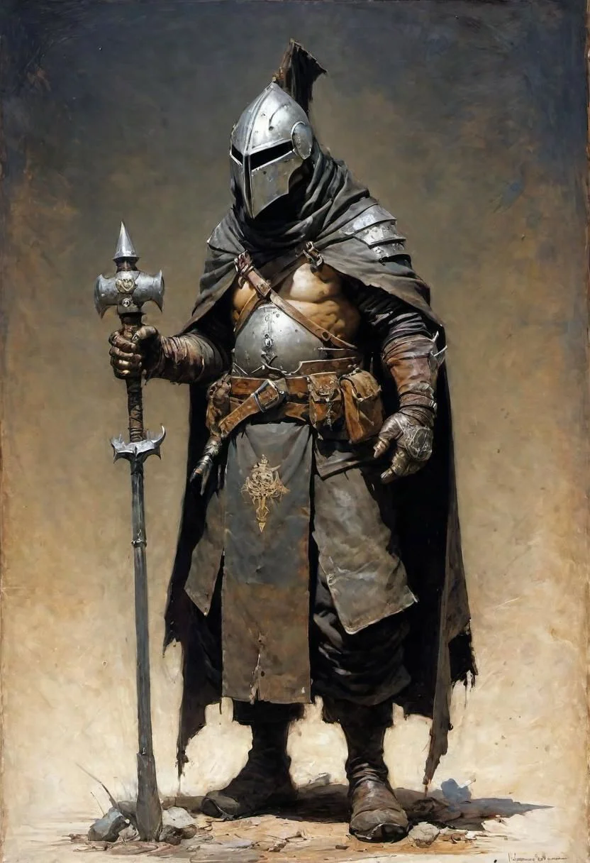 videogame art of (ragged, human barbarian, brigand, holding a giant metal mace, wearing leather tunic, metal plates and cloth shaped helmet, sewn together), praetorian, warhammer, gothic, legion, by Jean-Baptiste Monge and Nicola Samori,