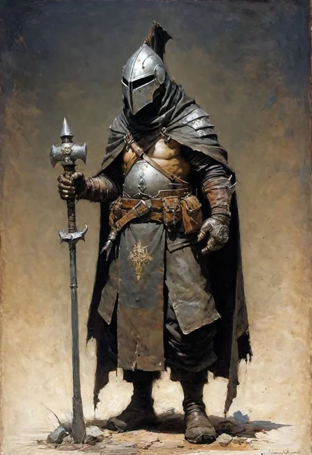 videogame art of (ragged, human barbarian, brigand, holding a giant metal mace, wearing leather tunic, metal plates and cloth shaped helmet, sewn together), praetorian, warhammer, gothic, legion, by Jean-Baptiste Monge and Nicola Samori,