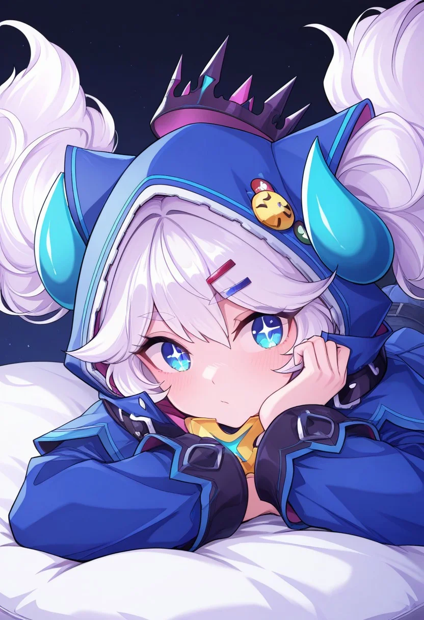 (masterpiece, best quality, highres, very aesthetic, very awa),, 1 girl, LuCA, white hair, twintails, long hair, LuCA hair, blue eyes, lu eyes, + +, pointy ears, luCA hood, LuCA hairclip, luCA horns, luCA shorts, hoodie, luCA Tail, lying, on stomach, close up