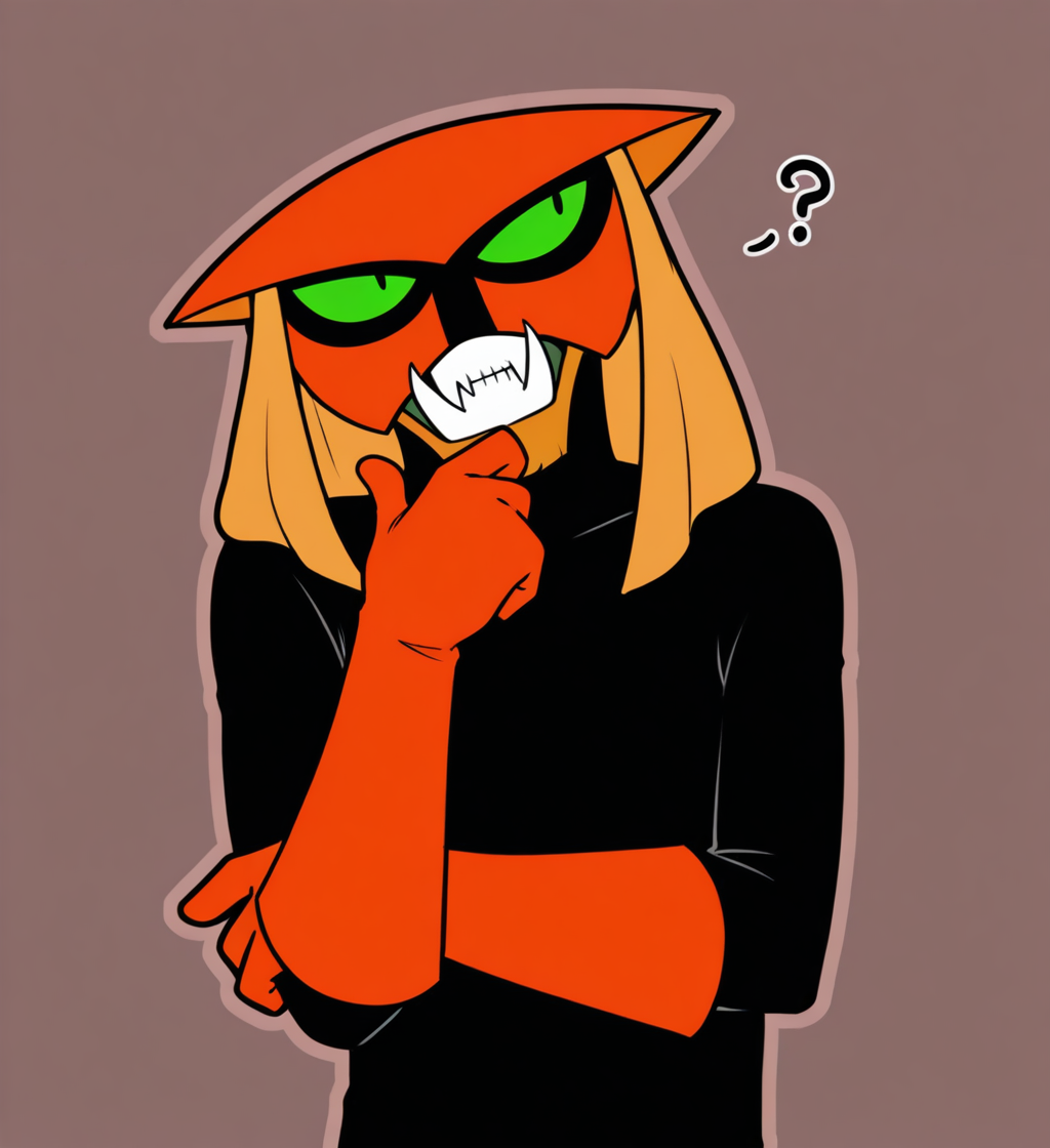 high resolution, best quality, 4k, solo, male, upper body, thinking pose, head tilt, looking up, outline, question mark background, <lora:Brak_-_Space_Ghost_IL:0.95> br4k, alien, orange mask, green sclera, black pupils, slit pupils, fangs, tusks, orange fur, orange gloves, bodysuit