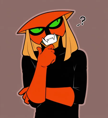 high resolution, best quality, 4k, solo, male, upper body, thinking pose, head tilt, looking up, outline, question mark background, <lora:Brak_-_Space_Ghost_IL:0.95> br4k, alien, orange mask, green sclera, black pupils, slit pupils, fangs, tusks, orange fur, orange gloves, bodysuit