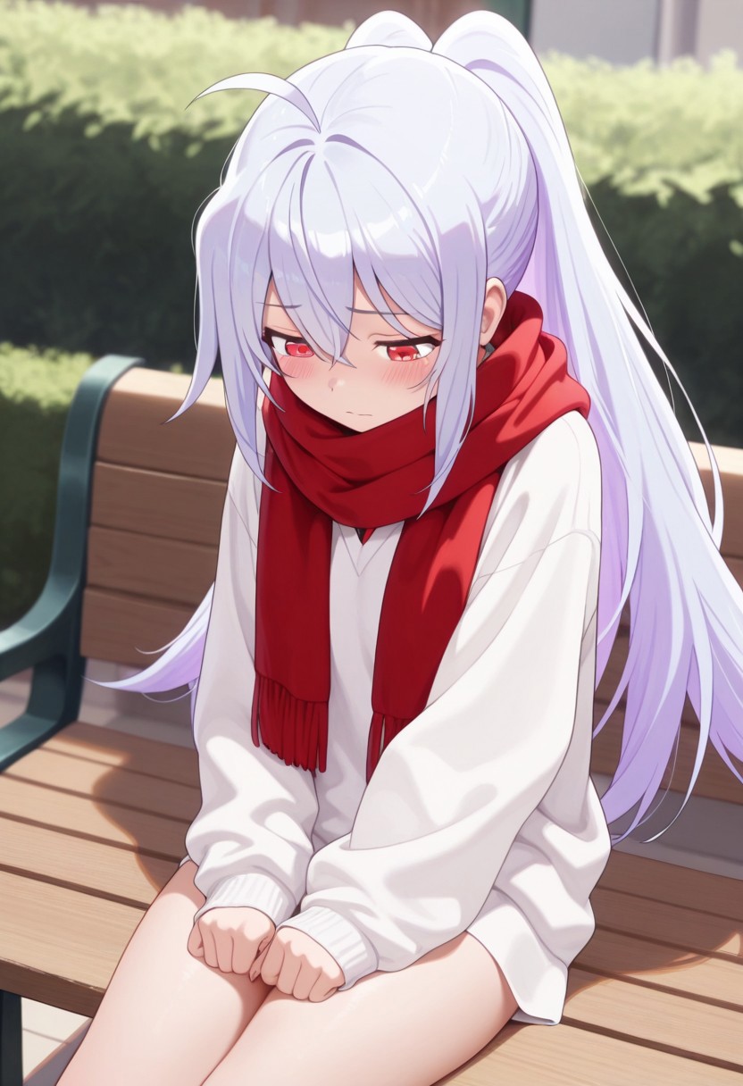 masterpiece,best quality,amazing quality, isla, long hair, silver-lavender hair, red eyes, 1girl, solo, scarf, ahoge, red scarf, bench, looking down, ponytail, blush, sad
