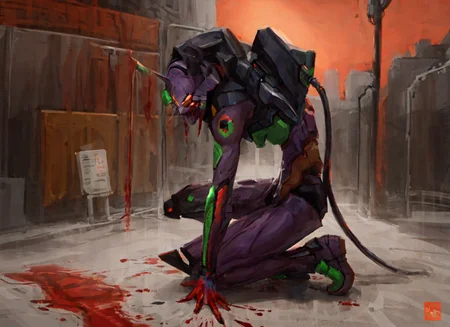 evaunitone, armor, blood, blood on hands, entry plug, from side, full body, holding, horns, mecha, one knee, orange theme, robot, single horn, eva 01, neon genesis evangelion <lora:SD15_noise_offset:1> <lora:eva01_v2:0.7>