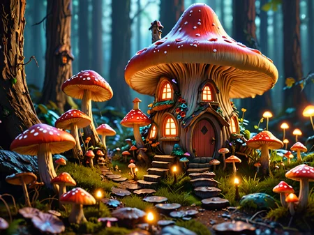 a fairy house surrounded by giant glowing mushrooms, 8k, masterpiece, vivid colors, dramatic lighting