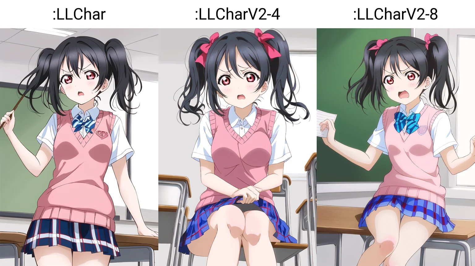 masterpiece, best quality, masterpiece, yazawa nico being really really angry in class, (1girl), <lora:LLChar:1>, (LLChar), yazawa nico, black hair, red eyes, twintails, school uniform, otonokizaka school uniform, plaid skirt, pink sweater vest,