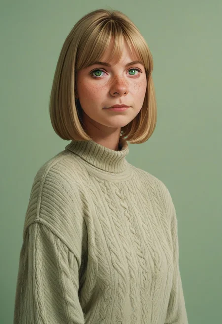 1girl, belatricepamford, pretty face, freckles, manic pixie, light hair, sweater, nose, seductive, 
FOV medium shot, 
simple pastel green background,
score_9,score_8_up