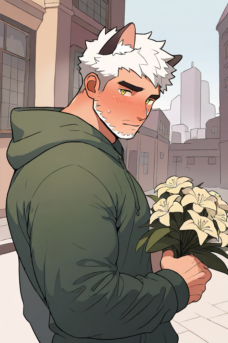 masterpiece, best quality, highres, newest, 1boy, bara, solo, male focus, mature male, short hair, white hair, yellow eyes, looking at viewer, upper body, blush, shy, standing, green hoodie, lond long sleeves, animal ears, cat ears, cat boy, holding flower, holding bouquet, outdoors, city, building <lora:OIS - Bara Style 4 [LoRA] - NoobAI-XL EPS 1.0:0.7>