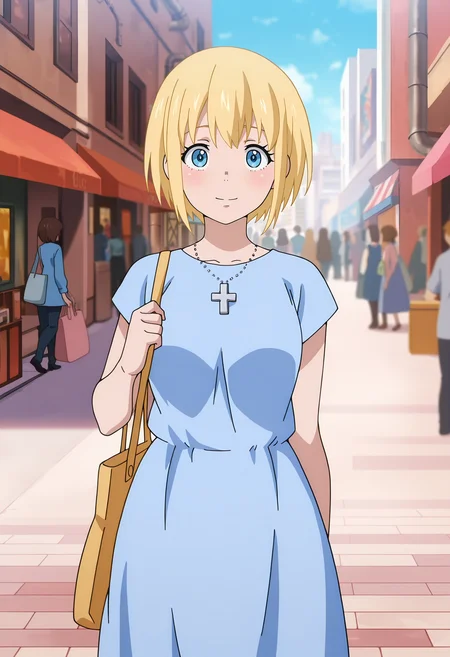 anime screencap, masterpiece, best quality,
<lora:EnenNoShouboutai_Iris_IlluXL:0.9>,
1girl, solo, closed mouth, light smile, blush,
short hair, blonde hair, blue eyes,
blue dress, cross necklace, short sleeves,
shoulder bag, tote bag,
standing, looking at viewer, cowboy shot,
people, shop, blurry background, city, street, day, industrial pipe, blue sky