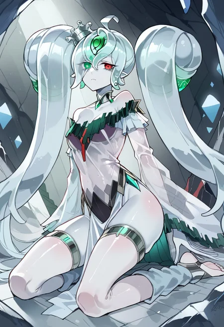score_9, score_8_up, score_7_up, source_anime, verybadimagenegative_v1.3, easynegative, perfect lighting, ExpressiveH. rating_safe
BREAK
((ygoaegirine), (colored skin, grey skin, slime girl, (transparent:1.2), transparent body, transparent face), short hair, huge twintails, long twintails, crystal hair, translucent hair, hair over eye, crown, hair ornaments, forehead jewel, heterochromia, green eye, red eye).
<lora:Icejade_Gymir_Aegirine-000009:0.9>
BREAK
(detailed face:1.3), beautiful face, teardrop breasts, (small breasts:1.2), thin body, navel, perfect hands, long fingers, tall.
BREAK
1girl, solo, (expressionless), empty eyes, (choker, dress, off-shoulder dress, wide sleeves, detached sleeves, transparent, lowleg leotard, waist cape, pelvic curtain, transparent thighhighs, toeless legwear, transparent loose-fit legwarmers). sitting, from side, from below, looking at viewer, cave, ice prison, dark, low light, darkness, shadows, very dark, dark background, glowing water, dramatic lighting,