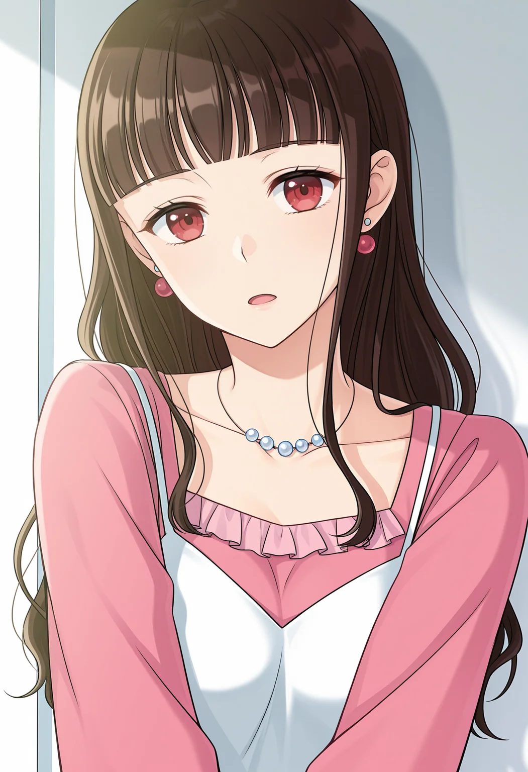 <lora:Yukari-000030:1>,
Yukari,jewelry,necklace,earrings,looking at viewer,upper body,blunt bangs,collarbone,solo,open mouth,dress,pink shirt