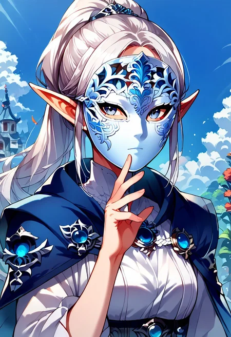 score_9, score_8_up, score_7_up, score_6_up, source_anime, 1girl, white hair, long hair, solo, double ponytail hair, elf, pointed ears, portrait, white dress, fantasy background , outside, blue cape, ornament on cape, (5 fingers:1.2), portrait, cute, grey eyes, upper body, masked, (hand up:1.2), perfect hands