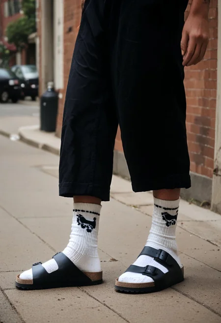 scksnsndls, birksonsocks, gwen_stacy, solo, outdoor, city, standing, socks, full_body, realistic, dunamic_pose, walking