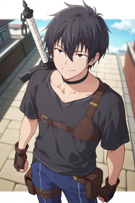 masterpiece, best quality, amazing quality,high resolution,intricate details,official style,depth of field,anime coloring, , , 1boy, solo, male focus, <lora:Setsu_Suzaki:0.80>,setsu suzaki,black hair,black eyes,short hair,smile, shirt, gloves, hair between eyes, closed mouth, collarbone, confident,short sleeves, outdoors, sky, choker, pants, day, sword, fingerless gloves,accessory, thigh strap,leather pouch,blurry, black shirt, black choker, building, blue pants, sword on back,from above,