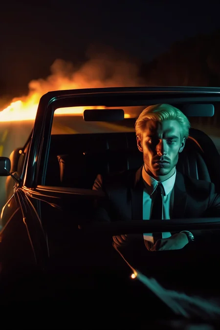 <lora:Roger Deakins Style:1>Roger Deakins Style - portrait shot through the window of a vehicle. an ominous alaskan looking man in a black suit with bleach blond hair looks out the passenger window at a fire, sitting next to his brunette male colleage who is driving. The blonde man is sitting in the passenger seat ofa black 2022 cadillac CT5-v at night. The man looks at the camera. Out of focus in the background, his suited partner drives the car on a long road deep in the florida everglades. All black leather interior. driver in background out of focus in background. Late at night on a dark everglades road. 8k f2.1 film photo