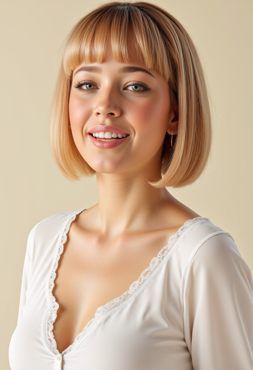 She is approximately 18 years old. Hyperrealism, she is looking at the camera, (dynamic angles), profile headshots of a beautiful, stunning unique female character. she has blonde hair. her eyes are filled with joy and excitement, extravagant eyelashes, a photo of Stephani3_LT, a woman wearing a white frilly shirt. The woman is posing confidently. simple cream colored background. She has a slight smile on her face and is looking directly at the camera. making this image a masterpiece of photography and digital art. realistic. making this image a masterpiece of photography and digital art. Style: realistic hyper-detailed rendering, 32k UHD, expressive eyes, punk, graphic design, girl's face, pretty and cute, gleaming lips, telling a tale of adventure. Exuding confidence and serenity. The overall mood of the image is happy and relaxed,detailed skin texture,(blush:0.2),(goosebumps:0.3),subsurface scattering,whimsical,Detailed hand, Perfect hand. Perfection style.