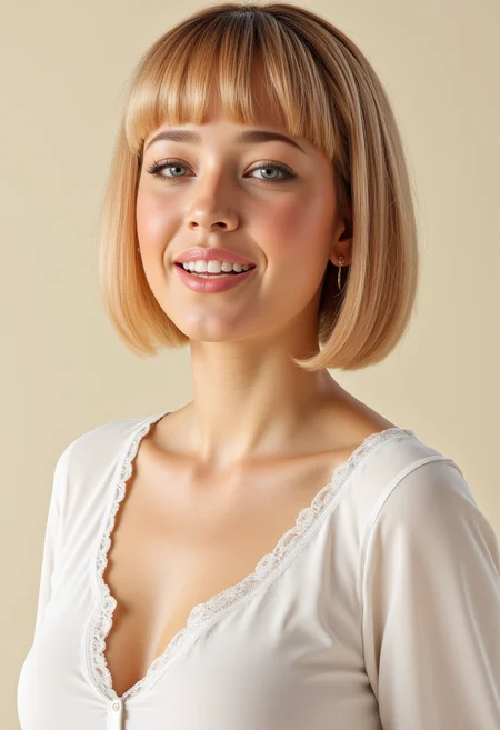 She is approximately 18 years old. Hyperrealism, she is looking at the camera, (dynamic angles), profile headshots of a beautiful, stunning unique female character. she has blonde hair. her eyes are filled with joy and excitement, extravagant eyelashes, a photo of Stephani3_LT, a woman wearing a white frilly shirt. The woman is posing confidently. simple cream colored background. She has a slight smile on her face and is looking directly at the camera. making this image a masterpiece of photography and digital art. realistic. making this image a masterpiece of photography and digital art. Style: realistic hyper-detailed rendering, 32k UHD, expressive eyes, punk, graphic design, girl's face, pretty and cute, gleaming lips, telling a tale of adventure. Exuding confidence and serenity. The overall mood of the image is happy and relaxed,detailed skin texture,(blush:0.2),(goosebumps:0.3),subsurface scattering,whimsical,Detailed hand, Perfect hand. Perfection style.