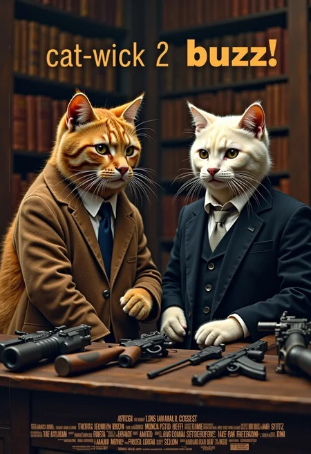 a realistic picture, a parody of jhon wick movies , ((cute muscular orange cat wearing suit, he are buying gun for the mission, the gun seller are white white cat wearing dark blue suit, the seller standing behid a counter full of pistol, behind him are a display of many rifles and shotguns, dim light, the backdrop of the castle library ,(intricate details,naturalism,hyperdetailed,hyperrealistic:1.55) mvpstrCE style ((((Display the text "cat-wick 2 buzz!" on a movie poster)))). no human
