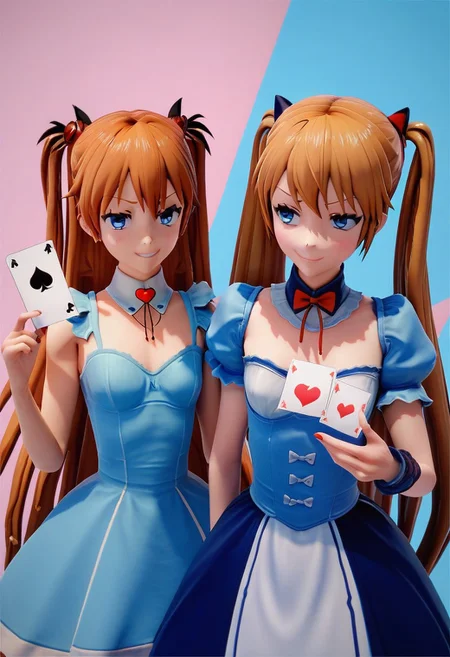 score_9, score_8_up, score_7_up, 2girls, alice in wonderland style, Asuka Langley, blue dress, detached collar, Queen of Hearts, holding card, smug grin, 3d \(artwork\), ami arakawa