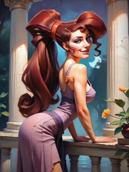 score_9, score_8_up, score_7_up, 1girl, naughty face, leaning forward, sexy pose, leaning forward, very happy, looking at viewer, vegetation, white pillar, dynamic pose, cowboy shot, night, moon,
<lora:AMeghanXLP_character:1>, MegXLP, purple eyes, red hair, high ponytail, makeup, purple dress, cartoon, <lora:Eldritch Oil Style LoRA_Pony XL v6:0.7> oil painting, traditional media, realistic,,