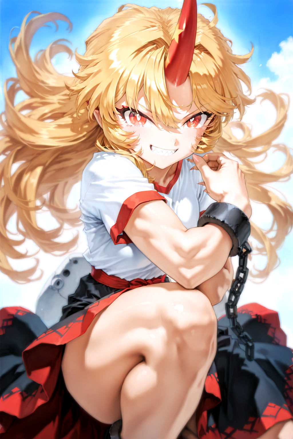 munakata_(sekimizu_kazuki):1.2,mogudan:0.7, hamada_yoshikazu:0.8 ,toriyama_akira_(style):1.1,kugara4423:1.2,touhou ,hoshiguma_yuugi , highres ,1girl ,black_skirt, blonde_hair, breasts ,bright_pupils ,cuffs ,horns,  long_hair ,looking_at_viewer, medium_breasts, open_mouth, red_eyes ,red_horns, shackles ,sharp_teeth ,shirt, short_sleeves ,single_horn ,skirt ,long skirt, solo, teeth,white_shirt, messy_hair , ^_^ ,fingernails ,grin ,hands,oni ,smile, solo,sharp_teeth,sharp_fingernails , feet, feet focus, spiked_hair ,sharp_toenails , leg_up , squatting , one leg raise up,toe,  leg_lift, muscular, muscular_female,cowboy_shot <lora:touhou_146:0.5>,<lora:illustrious_noobai_epsilon_pred_1_best_quality_v1:0.7> ,<lora:illustrious_noobai_epsilon_pred_1_masterpieces_v1:0.7>, <lora:ponyv4_noob1_2_adamW:0.5>, <lora:add_details_xl:0.7>
