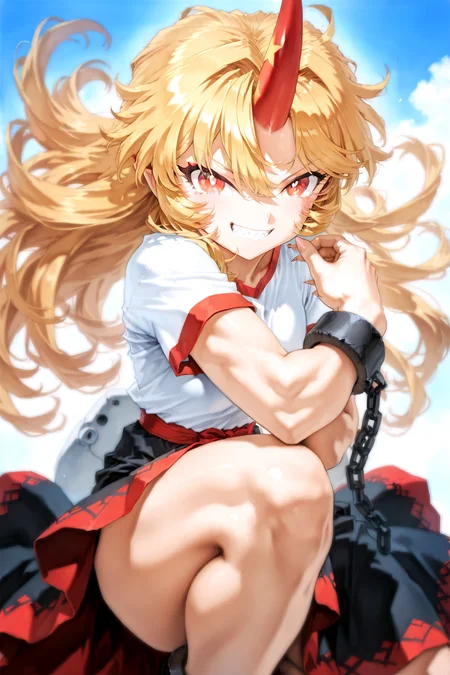 munakata_(sekimizu_kazuki):1.2,mogudan:0.7, hamada_yoshikazu:0.8 ,toriyama_akira_(style):1.1,kugara4423:1.2,touhou ,hoshiguma_yuugi , highres ,1girl ,black_skirt, blonde_hair, breasts ,bright_pupils ,cuffs ,horns, long_hair ,looking_at_viewer, medium_breasts, open_mouth, red_eyes ,red_horns, shackles ,sharp_teeth ,shirt, short_sleeves ,single_horn ,skirt ,long skirt, solo, teeth,white_shirt, messy_hair , ^_^ ,fingernails ,grin ,hands,oni ,smile, solo,sharp_teeth,sharp_fingernails , feet, feet focus, spiked_hair ,sharp_toenails , leg_up , squatting , one leg raise up,toe, leg_lift, muscular, muscular_female,cowboy_shot <lora:touhou_146:0.5>,<lora:illustrious_noobai_epsilon_pred_1_best_quality_v1:0.7> ,<lora:illustrious_noobai_epsilon_pred_1_masterpieces_v1:0.7>, <lora:ponyv4_noob1_2_adamW:0.5>, <lora:add_details_xl:0.7>