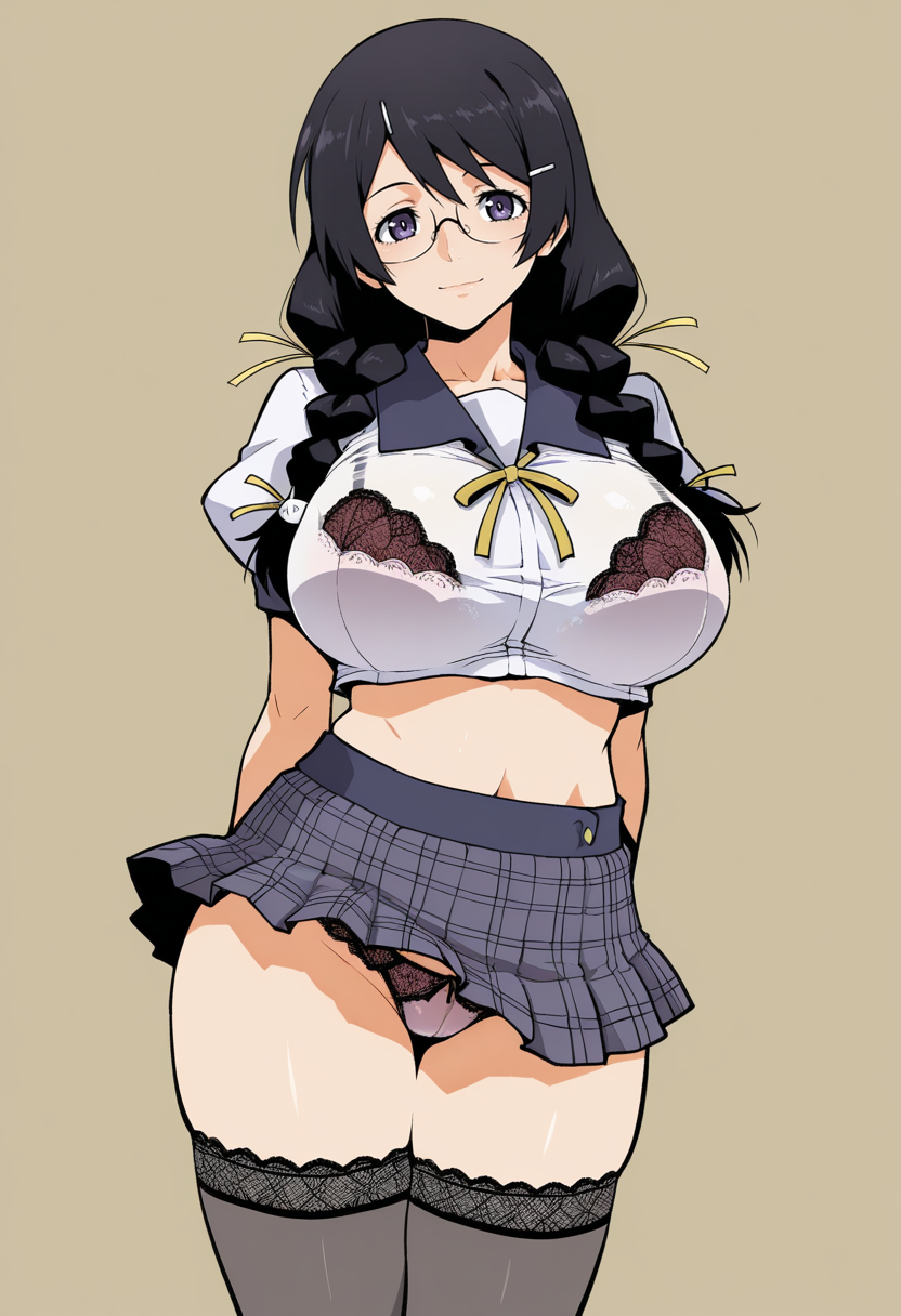 masterpiece, best quality,
 <lora:ahemaru:1> 4h3m4r0,
1girl, solo,
Three quarter view
looking at viewer, light smile, 
hanekawa tsubasa, black hair, purple eyes, glasses, twin braids,  large breasts, 
 school uniform, skirt, miniskirt, thighhighs, plaid skirt, fishnets, panties, bra, lingerie, crop top, shirt,
simple background, light brown  background,