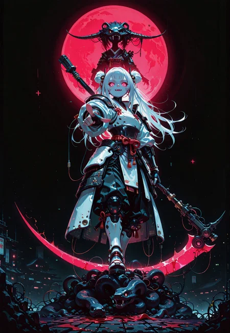 1girl, cybernetic girl, looking down, looking at viewer, solo focus, samurai, long hair, white hair, double buns, fanged bangs, Japanese armor, black_gloves, fingerless_gloves, holding weapon, stretched out arm, pointing towards viewer, armor, straight on, full body, blood, night, pale moon, shoulder_armor, full_moon with snake head silhouette, white_armor, arm_guards, dark_theme, glowing_scythe, full_moon, glowing_sword, (monochrome, negative space:1.2), dark, huge red moon, close up, futuristic, cyberpunk, from below, perspective, fisheye, simple background, black background, color key, wire frame, glitch art, painterly, no lineart, no outline, fine art, masterpiece, best quality, good quality, very awa, very aesthetic, absurdres, newest, 8k, high contrast, in the style of cknc, usnr, wat, haiz_ai