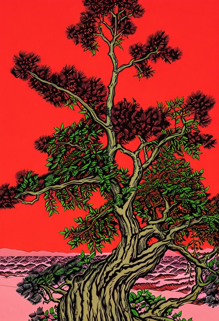 KT, a tree with a red sky in the background
