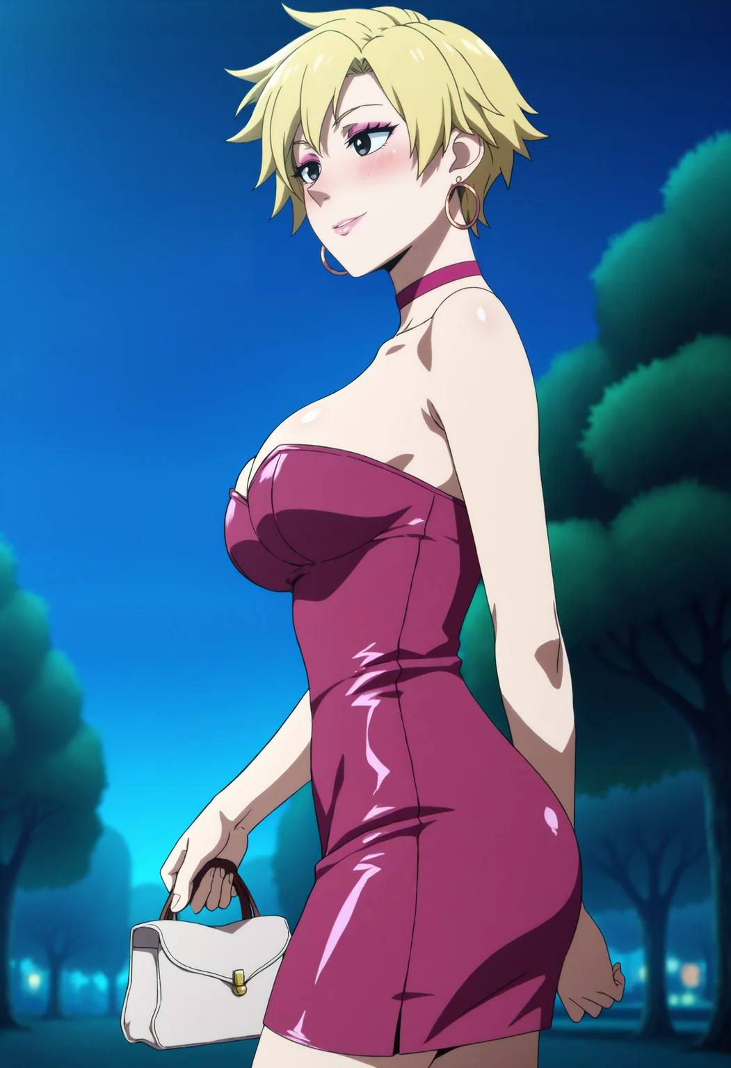 score_9,score_8_up,score_7_up,
BREAK
1girl, blonde hair, tomboy, short hair, black eyes, pink hoop earrings, pink choker, pink eyeshadow, pink lips, thick lips, light smile, blush, looking away, long eyelashes, half-closed eyes,
BREAK
solo, from side, large breasts, pink short dress, skin tight, strapless, latex dress, holding purse,
BREAK
outdoors, night, city background, park, depth of field, dark, perspective, angled shot, dynamic angle, dynamic pose, anime screencap, <lora:Lunas-Zuharu-SDXL-A1:1>