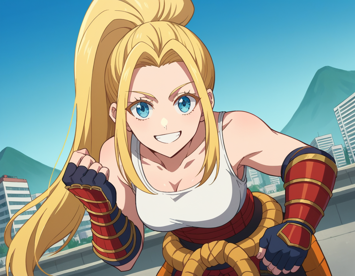 score_9, score_8_up, score_7_up, source_anime,
beatrixamerhauser, <lora:beatrix-amerhauser-s1-ponysdxl-lora-nochekaiser:1>,
beatrix amerhauser, long hair, blue eyes, blonde hair, gloves, ponytail,
gloves, fingerless gloves, armor, japanese armor, tank top, white tank top,
outdoors, cityscape, bent over, smile,
looking at viewer, cowboy shot, dutch angle, solo,