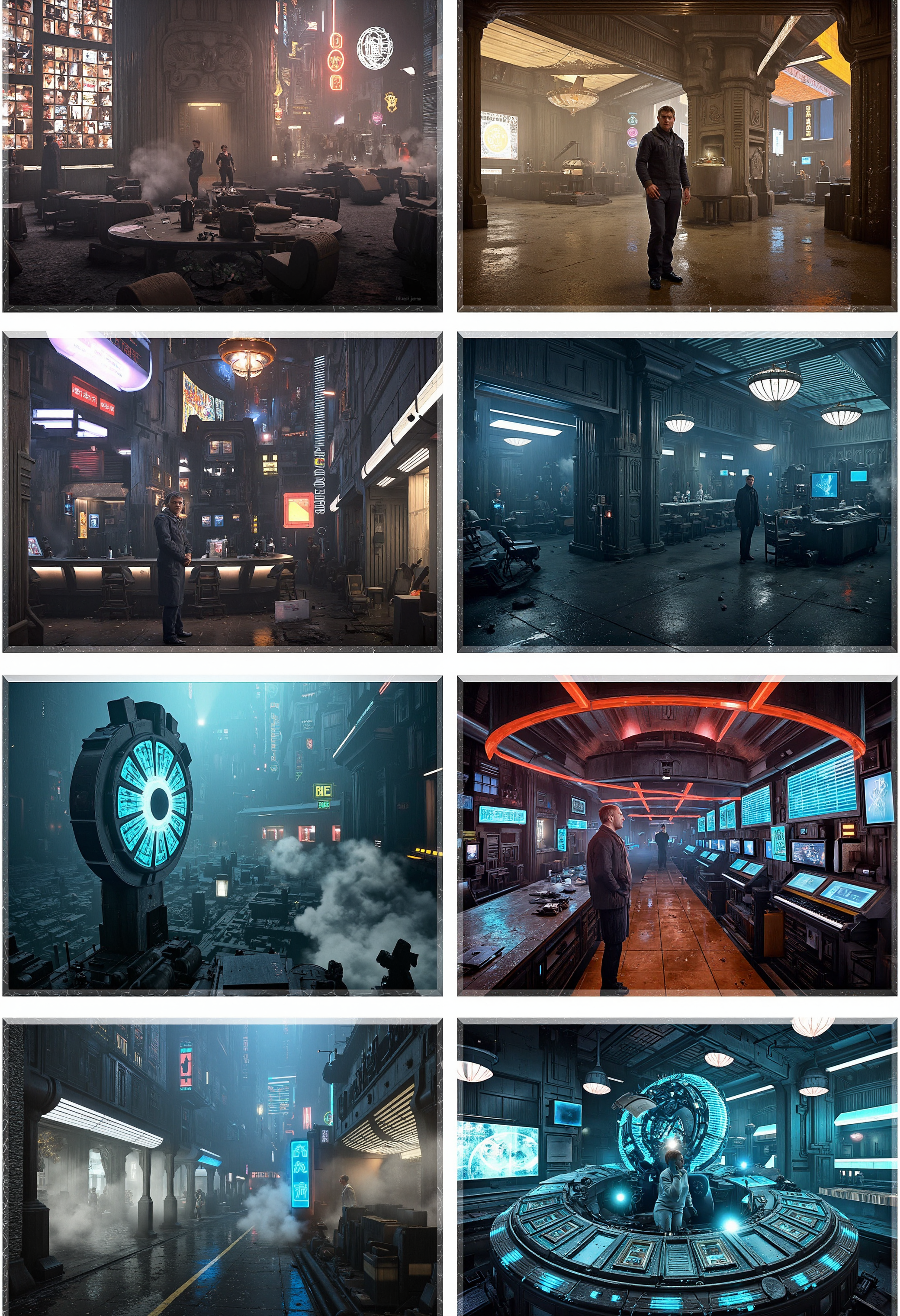 8 high-quality, detailed background images in a Blade Runner style, with a classic interior setting, volumetric lighting, fog, and hyperrealistic elements. Each image is 8K resolution and features a full-body male character with natural skin, detailed skin pores, imperfections, and freckles. The eyes are highly detailed, with intricate iris details. The character is dressed in a futuristic outfit, with a touch of glamorous makeup. The lighting is set to golden hour, with a light source coming from the bottom-right, transitioning from day to night.
**Image 1: Neo-Noir Lounge**
A dimly lit, smoke-filled lounge with a retro-futuristic vibe. The character stands in front of a sleek, curved bar, surrounded by holographic advertisements and neon lights.
**Image 2: Abandoned Hotel Lobby**
A once-luxurious hotel lobby, now abandoned and decaying. The character stands amidst the ruins, surrounded by shattered chandeliers, broken furniture, and a thick layer of fog.
**Image 3: High-Tech Laboratory**
A state-of-the-art laboratory filled with futuristic equipment and machinery. The character stands in front of a large, cylindrical device, surrounded by holographic screens and wires.
**Image 4: Rainy City Street**
A dark, rainy city street, with towering skyscrapers and neon lights reflecting off the wet pavement. The character stands under an awning, looking out into the rain-soaked night.
**Image 5: Luxury Penthouse Apartment**
A lavish penthouse apartment with a stunning city view. The character stands in front of a massive window, surrounded by sleek, modern furniture and a grand piano.
**Image 6: Cyberpunk Nightclub**
A pulsating nightclub filled with holographic dancers and neon lights. The character stands at the bar, surrounded by patrons in futuristic attire.
**Image 7: Abandoned Factory**
A deserted, industrial factory, with crumbling machinery and exposed pipes. The character stands amidst the decay, surrounded by fog and a sense of foreboding.
**Image 8: Futuristic Control Room**
A high-tech control room filled with holographic screens, wires, and machinery. The character stands in front of a large, circular console, surrounded by a team of technicians in futuristic attire.
Each image is designed to be visually striking and informative, with a professional-grade execution that showcases the character and environment in stunning detail. The poster design style is reminiscent of classic sci-fi posters, with bold typography and vibrant colors.