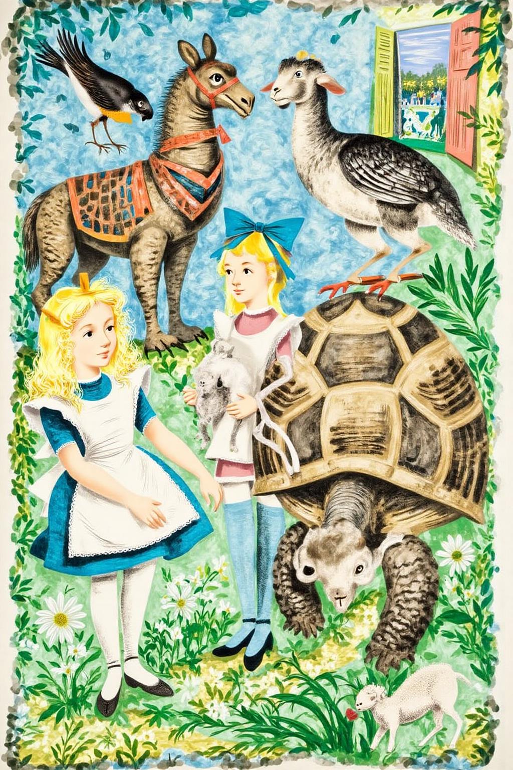 leowe1 joten1 illustration.
A young girl, Alice in Wonderland, with long, curly blonde hair tied back with a blue ribbon, dressed in a white apron over a blue dress and white pinafore, and blue stockings. She is standing between a hippogriff and a giant turtle that has the head of a lamb. The background is a blue sea.  <lora:gwonder1_cap_d6a3e15:1.0><lora:826572654036379076:0>