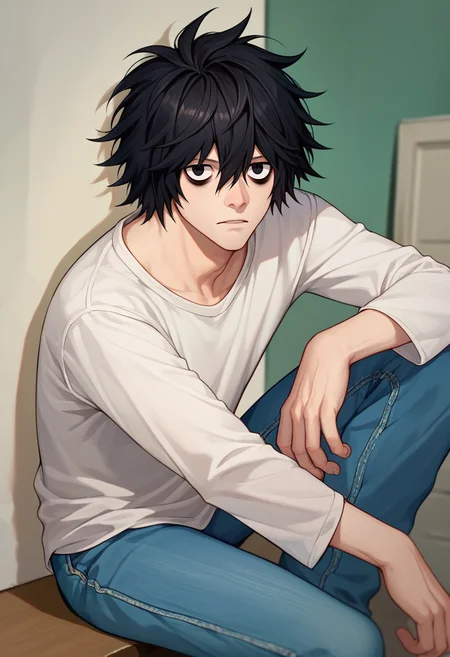 score_9, score_8_up, score_7_up, 1boy, L, black hair, short hair, messy hair, black eyes, bags under eyes, white shirt, jeans, looking at viewer, <lora:L lawliet-000008:1>