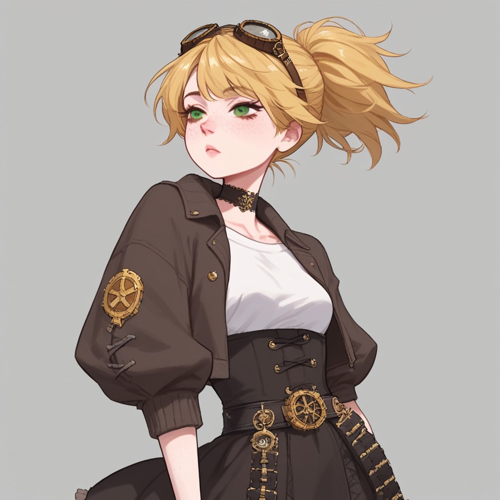 score_9, score_8_up, score_7_up, 1girl, short, pale skin, cute face, green eyes, freckles, short blonde hair, ponytail, side bangs, petite, medium breasts, choker, wearing a black bolero jacket over a loose white shirt, brown pantaloons, black laced boots, belts, wearing steampunk goggles