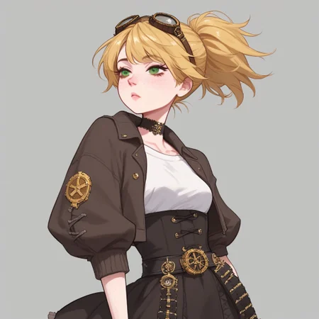 score_9, score_8_up, score_7_up, 1girl, short, pale skin, cute face, green eyes, freckles, short blonde hair, ponytail, side bangs, petite, medium breasts, choker, wearing a black bolero jacket over a loose white shirt, brown pantaloons, black laced boots, belts, wearing steampunk goggles