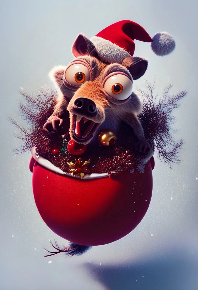 score_9, score_8_up, score_7_up, semi-realistic, fluffy_new_year, merry_furistmas, Scrat, chiby baby scrat, christmas hat, santa suit, , bulging eyes, bushy tail, looking at viewer,big nut in handsl, screaming, snowing, festive, Christmas,