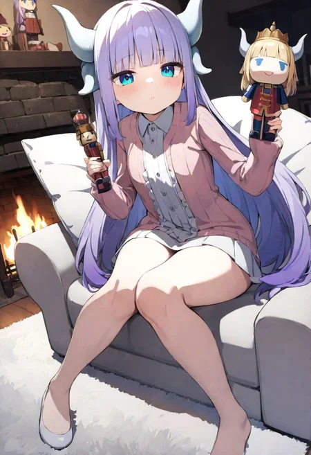 masterpiece, (Best quality:1.2), highres, (scenary:1.2), Dynamic light,, wooden,, living room,, Kanna_Kamui,, long hair, bangs, blue eyes, light purple hair, hair beads, dragon horn, horns,, holding a nutcracker, doll on the lap, fireplace flickering,, white ottoman sofa, sitting, lying on the sofa,, fluffy pillows, white carpet, flowers, lights,,