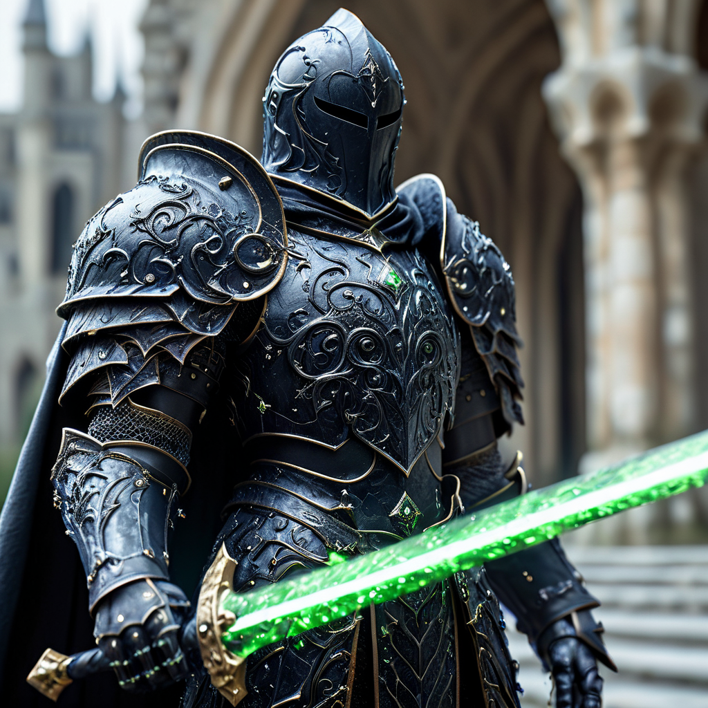 Close up shot of a beautiful knight, wearing ObsidianSlime armor and cape, holding glowing sword infront of him, standing up, castle in background, HKStyle, HD, masterpiece, best quality, hyper detailed, ultra detailed, super realistic