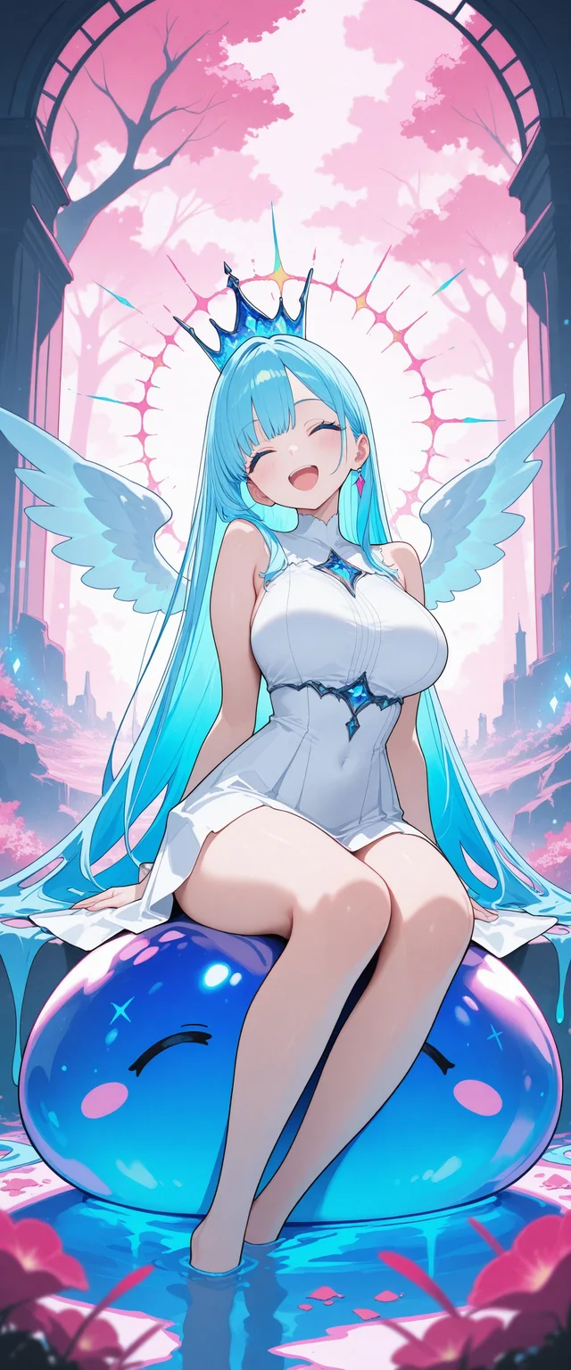 masterpiece, best quality, very awa, newest, highres, absurdres, an extremely delicate and beautiful, original, illustration, amazing, 1girl, slim waist, year 2024, cute, blush, pretty, bangs, looking at viewer, cute, gorgeous, thighs, wings, queen slime terraria, very_long_hair, multicolored_hair, white dress, white wings, blue hair, crown, bokeh, beautiful detailed shading, large breasts, volumetric lighting, vibrant colors, (artist: yoneyama mai:0.5), (artist: Mika pikazo:0.4), (artist: Rolua:0.4), (konya karasue:0.7), pink sky, glowing trees, trees, outdoors, sitting, head tilt, closed eyes, ^ ^, smile, open mouth, (sitting on slime), large_slime, colorful_slime, semi_transparent, soft_surface, magical_aura, gooey_texture, ethereal_lights, fantasy, landscape, crystal_shards, pink_and_blue_color_scheme, magical_atmosphere, <lora:85714801-8935-4a60-b4a5-fe1aa305f2b7:0.6>