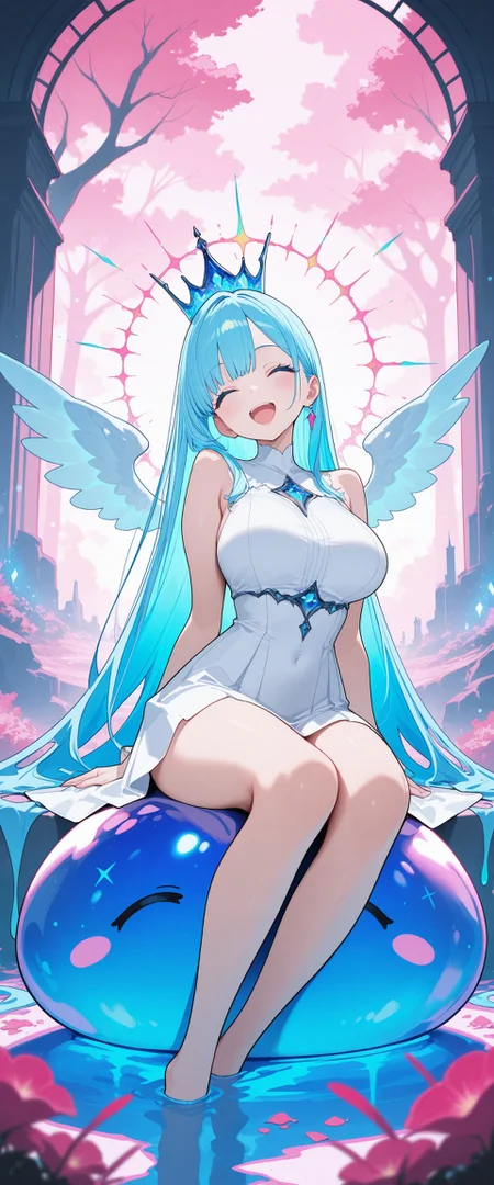 masterpiece, best quality, very awa, newest, highres, absurdres, an extremely delicate and beautiful, original, illustration, amazing, 1girl, slim waist, year 2024, cute, blush, pretty, bangs, looking at viewer, cute, gorgeous, thighs, wings, queen slime terraria, very_long_hair, multicolored_hair, white dress, white wings, blue hair, crown, bokeh, beautiful detailed shading, large breasts, volumetric lighting, vibrant colors, (artist: yoneyama mai:0.5), (artist: Mika pikazo:0.4), (artist: Rolua:0.4), (konya karasue:0.7), pink sky, glowing trees, trees, outdoors, sitting, head tilt, closed eyes, ^ ^, smile, open mouth, (sitting on slime), large_slime, colorful_slime, semi_transparent, soft_surface, magical_aura, gooey_texture, ethereal_lights, fantasy, landscape, crystal_shards, pink_and_blue_color_scheme, magical_atmosphere, <lora:85714801-8935-4a60-b4a5-fe1aa305f2b7:0.6>