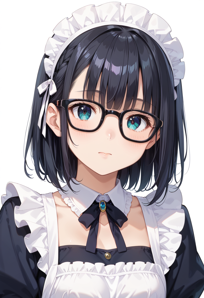 score_9, score_8_up, score_7_up, rating_safe, masterpiece, best quality, absurdres, unity 8k wallpaper, official art, official style, source_anime, uncensored, game cg, megami magazine,
1girl, solo, black hair, medium hair, upper body, covered eyes,maid, maid headdress, black dress, maid apron, face focus,
Wellington22A, glasses, white background, simple background, black-framed eyewear
 <lora:glasses_Wellington22A1_PONY_V1:1>