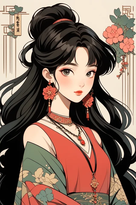 <lora:NHmix:0.8>,BZ,jewelry,black hair,1girl,a woman with long hair and a necklace,cn_paper_cut,paper_cut style,