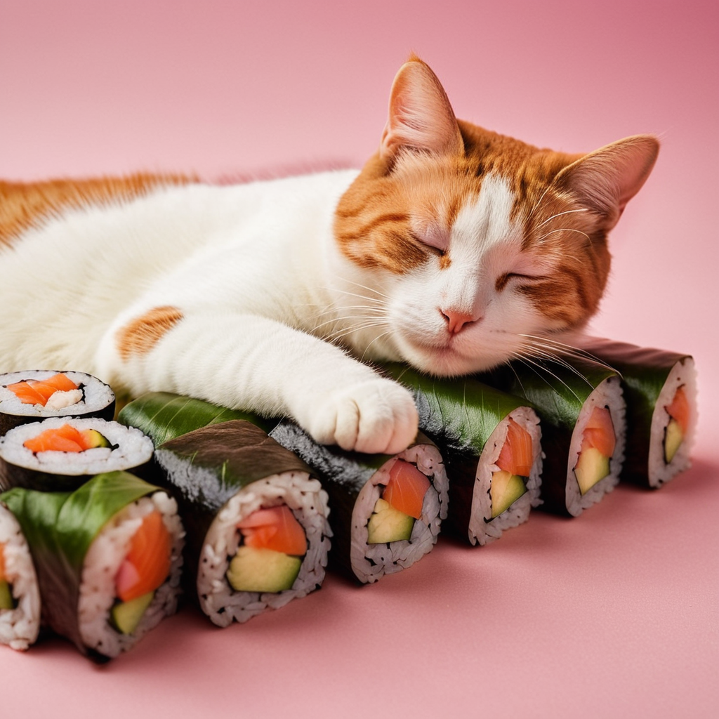 cinematic film still of  <lora:Juxtaposition style:1>
Juxtaposition of a cat is sleeping on a sushi roll,simple background,closed eyes,lying,food,no humans,animal,cat,pink background,sleeping,realistic,animal focus,food focus,sushi,makizushi Juxtaposition, artistic, photography, dramatic light, dramatic shadow light, contrast, saturated color, cinematic, filmic, photographic, realistic, realism, perfection, perfect, Juxtaposed, opposite, different things, side by side, syncretism, antithesis, Juxtaposition style, shallow depth of field, vignette, highly detailed, high budget, bokeh, cinemascope, moody, epic, gorgeous, film grain, grainy