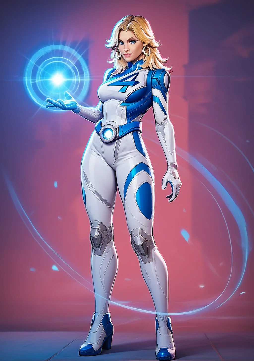 score_9, score_8_up, score_7_up, score_6_up, score_5_up, score_4_up, masterpiece, high quality, BREAK, full body, BREAK,   <lora:Susan_Storm__Invisible_woman_Marvel_Rivals_Pony:0.8> sue storm (marvel rivals), susan storm, sue storm, blue outfit, earrings, blue eyes, "4" symbol, blonde hair,