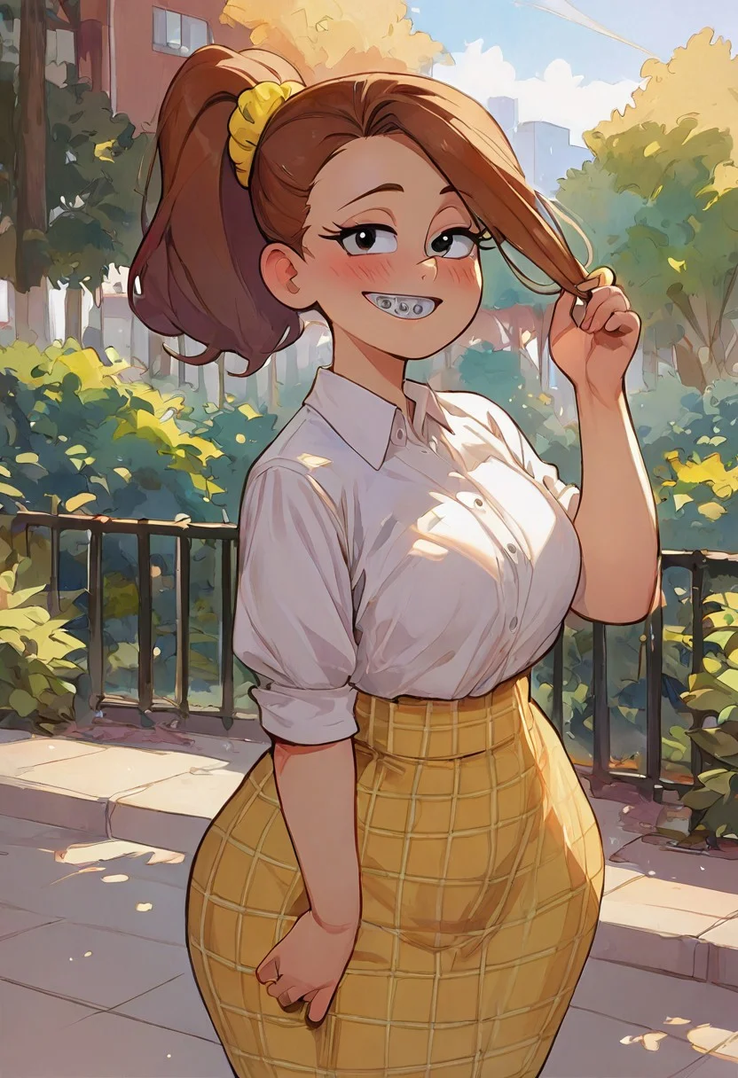 score_9_up, score_8_up, score_7_up, score_6_up, 1girl, solo, full body, Luan Loud, brown hair, ponytail, black eyes, half close eyes, yellow scrunchie, braces, long hair, parted bangs, white shirt, collared shirt, sleeveless, yellow skirt, plaid skirt, huge breasts, wide hips,  fat ass, big ass, blushing, park background, hair pulled back, smiling, looking at viewer