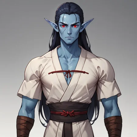 solo, old elf male, blue skin, very long black hair, thin body, small normal ears, monk clothes, red eyes,