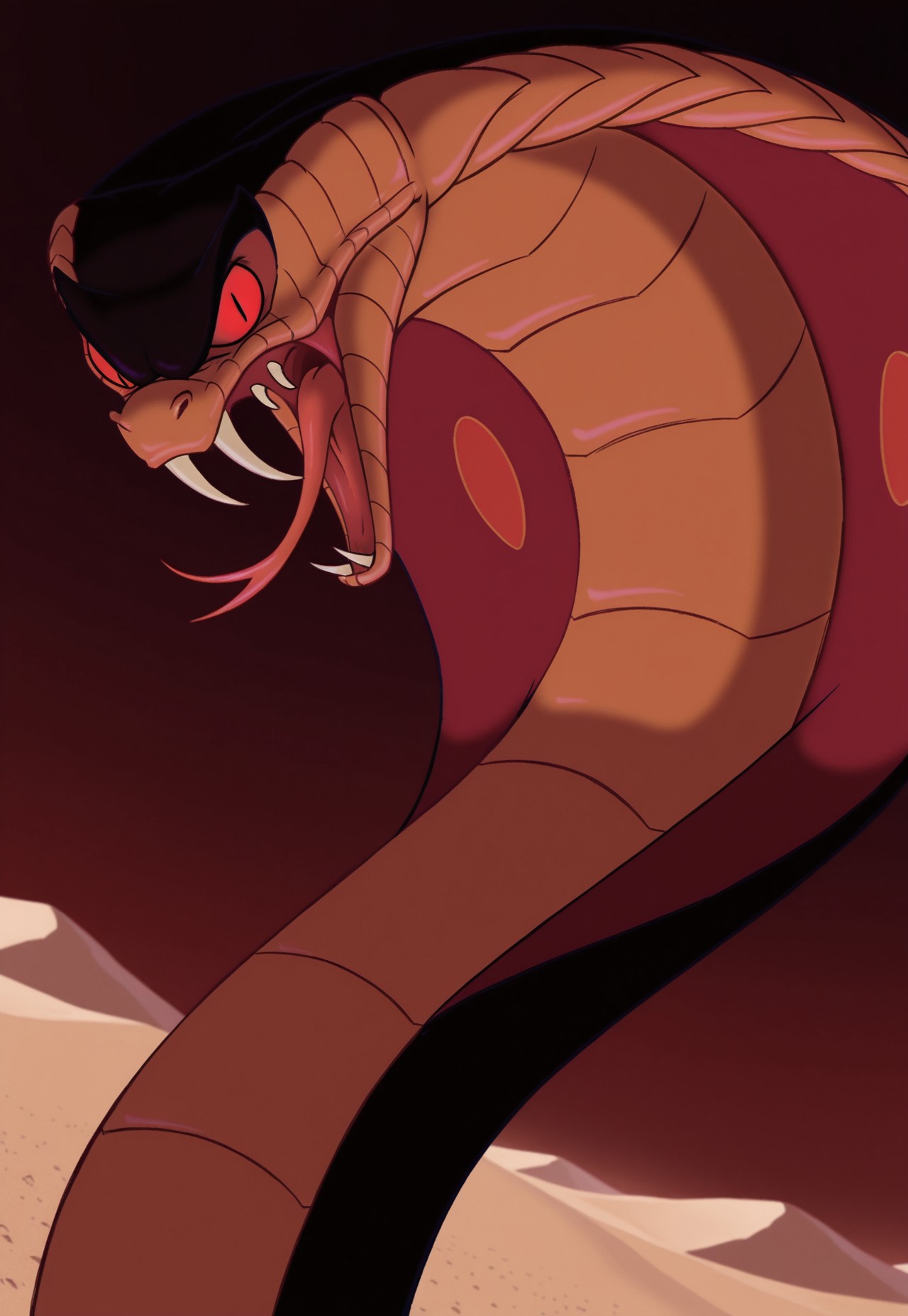8k, uncensored, masterpiece, best quality, highly detailed, realistic, 1boy, solo, furry, feral, scalie, snake, cobra, reptile,  snake hood, red sclera, black eyes, slit pupils, dark-orange body, dark-orange scales, black body, black scales, two tone body, two tone scales, looking at viewer, desert, sand, sunny, front view, detailed background, upper body, open mouth, forked tongue, (wide eyes, angry), (low-angle view, from below)