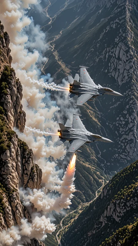 (Pilots flying the Euro Fighter jets between mountains), (displaying the low level flying capabilities of the Euro Fighter jets), hitting amazing speeds as the tilt and wind through the valleys and canyons, (view from side of euro fighter jets), (launching missiles with a stream of white vapors with flames), (a true display of military might power), (motion scenes), (pain staking attention to fine details of the jets) ,4k, surreal, (epic photography), high budget Hollywood movie, volumetric, Painstaking Attention To Detail, (Use Dream Diffusion Secret Prompt), UHD, <lora:Jet_Fighters:0.7>