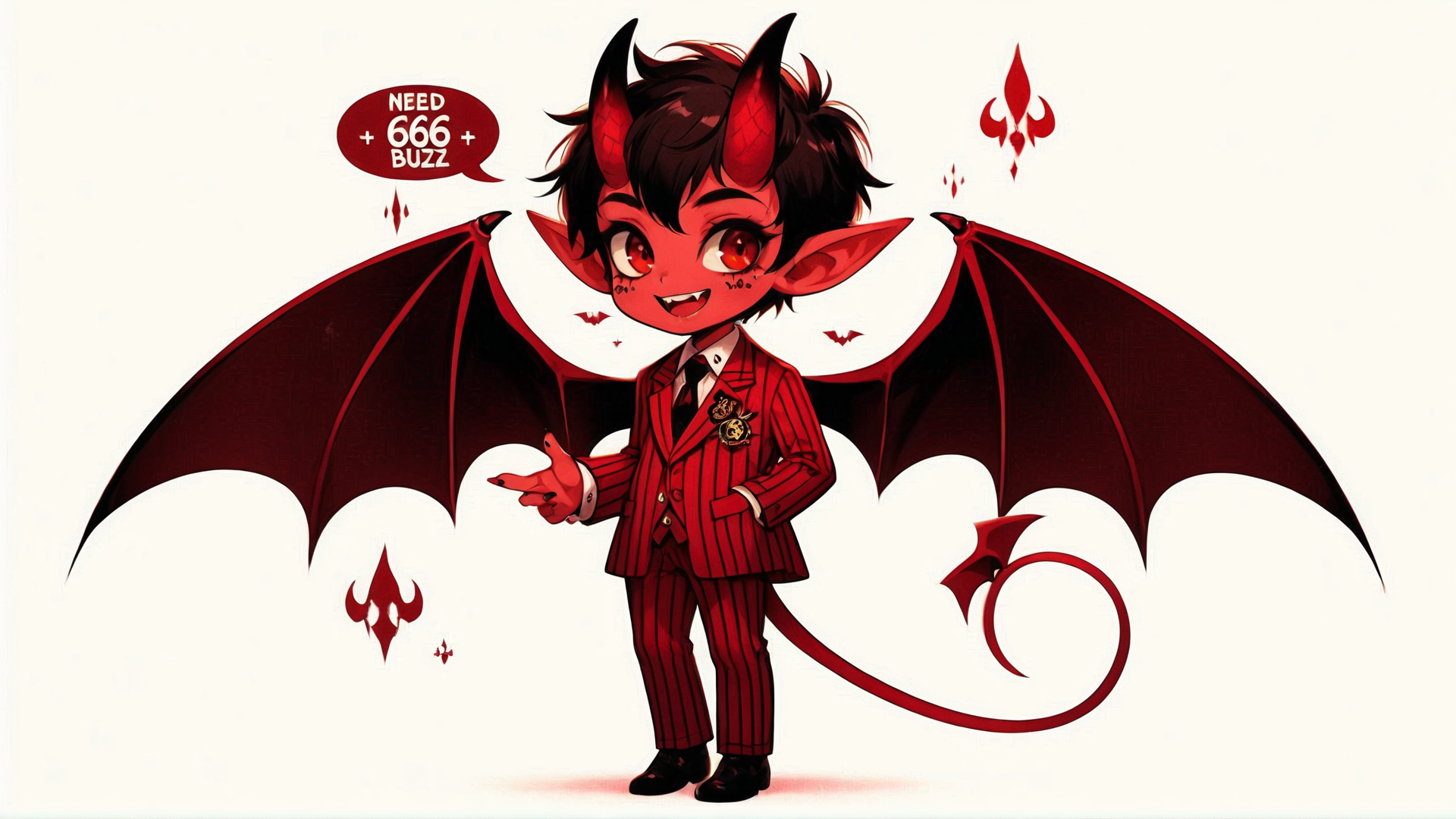 "Need 666 Buzz" written across the top, imp, horns, tail, cute, mischievous, formal suit, bat wings, red theme, detailed rendering,