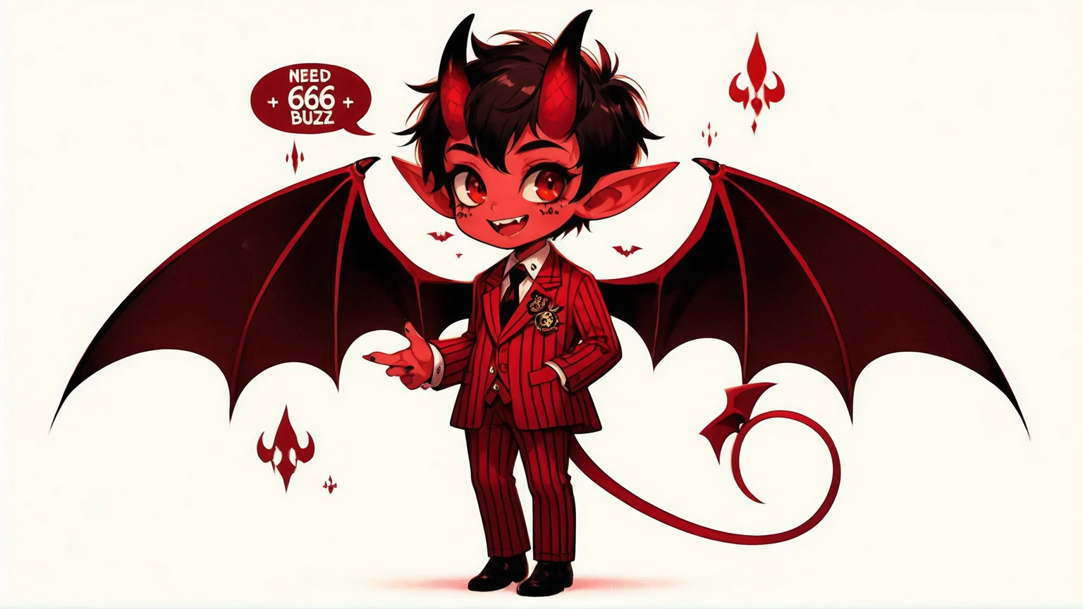 "Need 666 Buzz" written across the top, imp, horns, tail, cute, mischievous, formal suit, bat wings, red theme, detailed rendering,